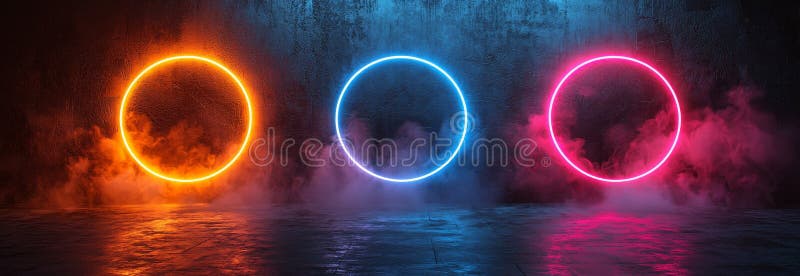 Isolated blue neon light circles against a black backdrop. A modern, lifelike depiction of luminous round frames in the stock illustration