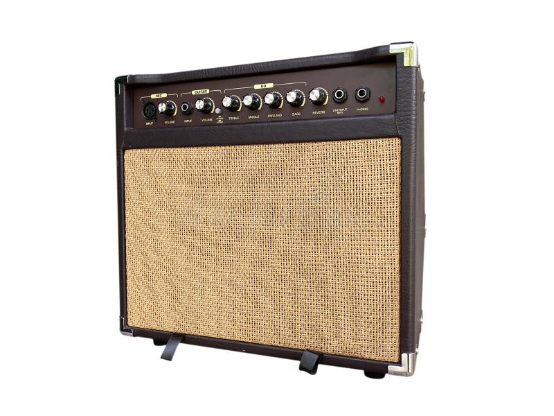 Isolated brown leather and control panel with black knob of vintage acoustic medium guitar amplifier combo.