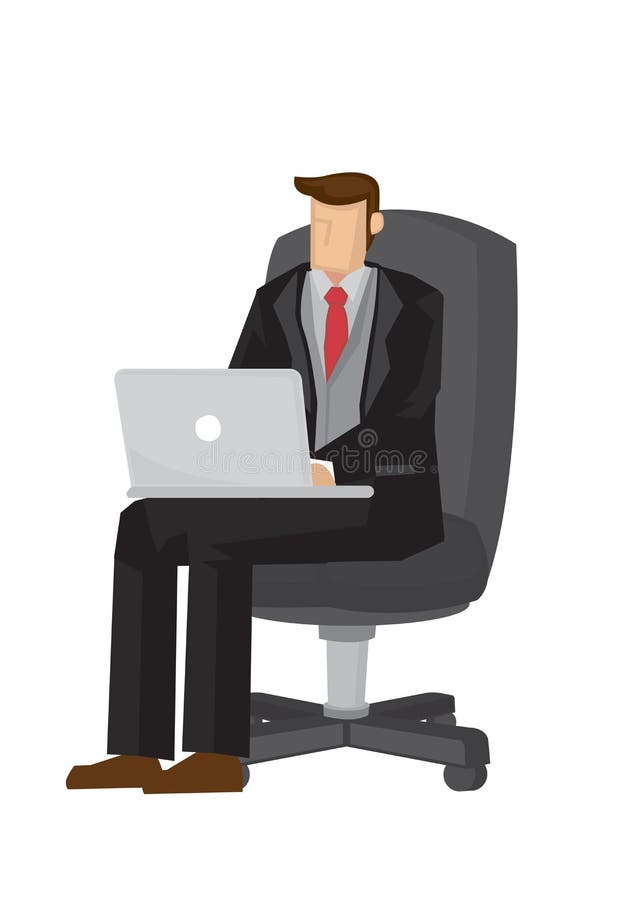 Isolated business man in a suit working on a laptop computer at his lap stock illustration
