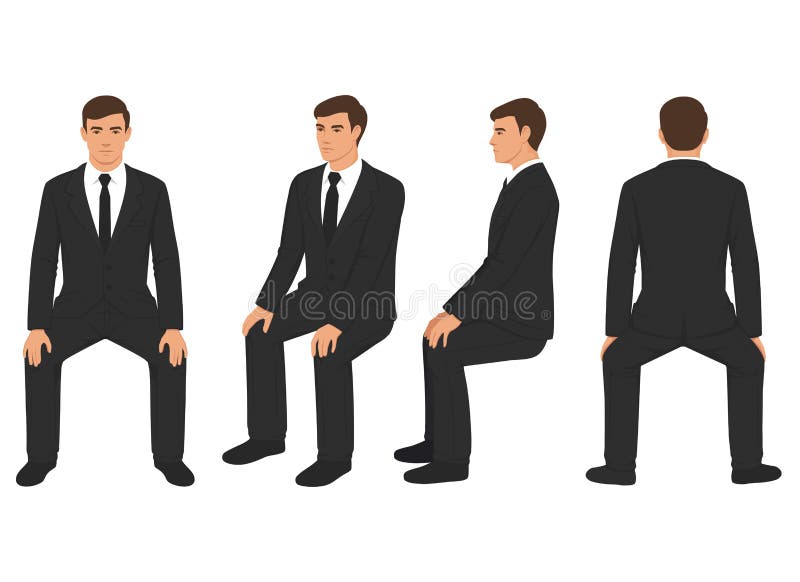 Isolated carton businessman sitting, front side and back view. Multiple images of a isolated carton businessman sitting, front side and back view of business