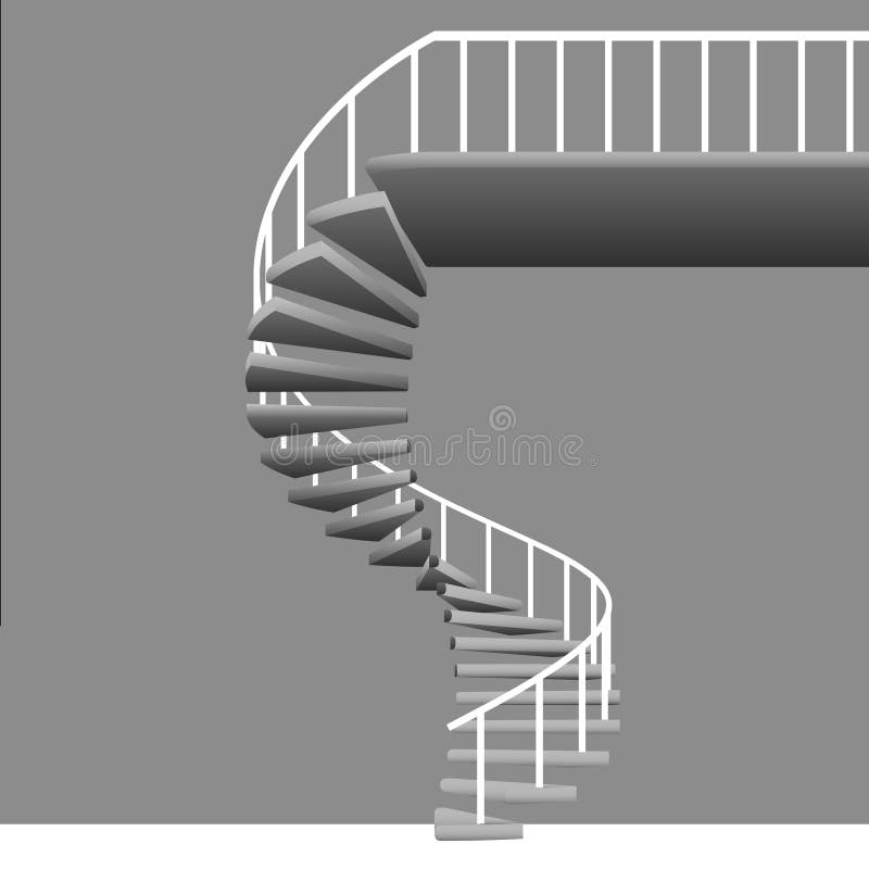 Isolated circular staircase with white handrail on grey