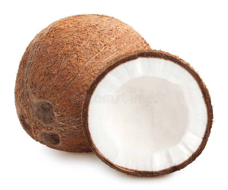 Isolated Coconuts. Whole Coconut with Half Isolated on White, with