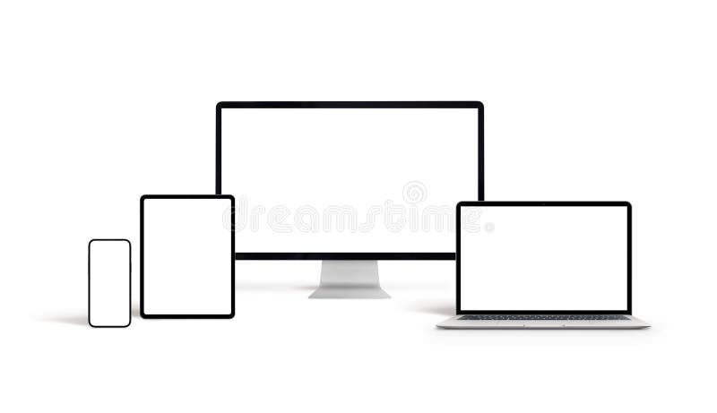 Isolated computer and mobile devices with blank screen for responsive web deesign or app promotion stock images