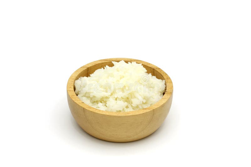 Isolated Cooked Jasmine rice in the wooden bowl on white background