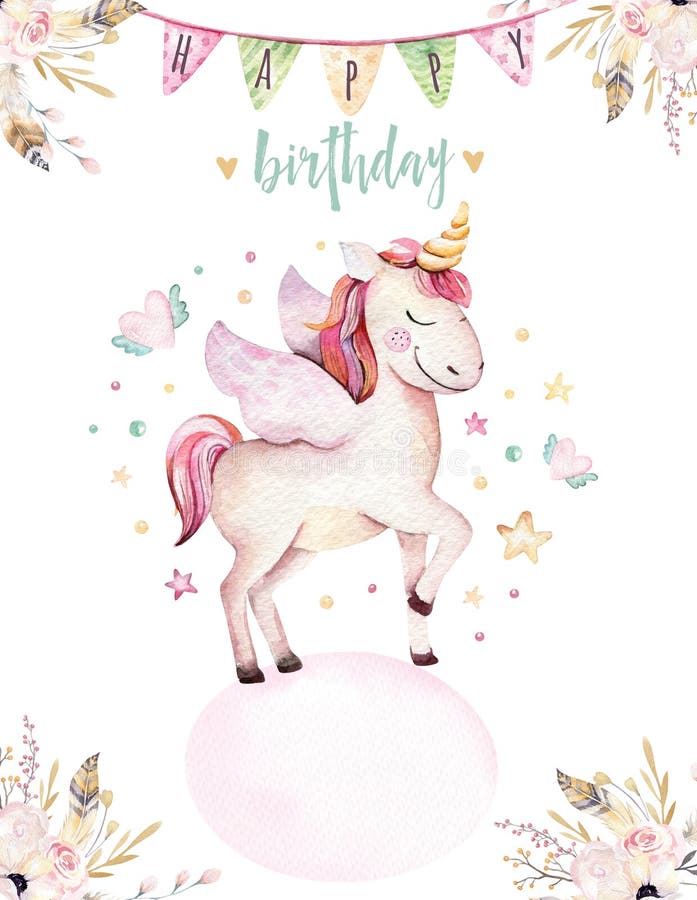 Isolated Cute Watercolor Unicorn Invitation Card. Nursery Unicorns ...