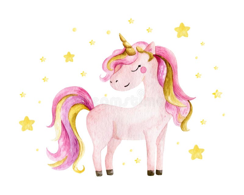 Isolated cute watercolor unicorn and stars clipart. Nursery unicorns illustration. Princess unicorns poster. Trendy pink cartoon horse