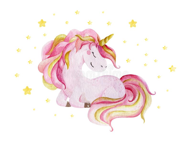 Isolated cute watercolor unicorn and stars clipart. Nursery unicorns illustration. Princess unicorns poster. Trendy pink cartoon horse