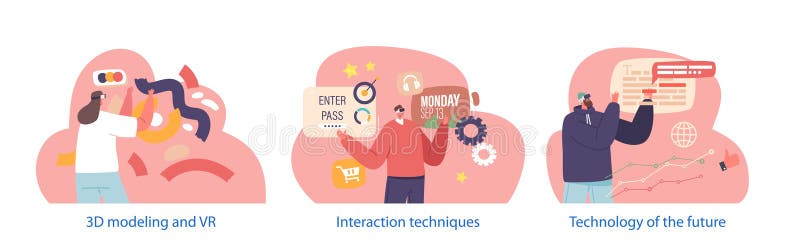 Isolated Elements With Characters Engage With Content In Virtual Reality Through Immersive Experiences royalty free illustration