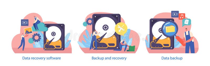Isolated Elements With Characters Perform Backup And Data Recovery Scenes, Ensure Safety Of Vital Information vector illustration