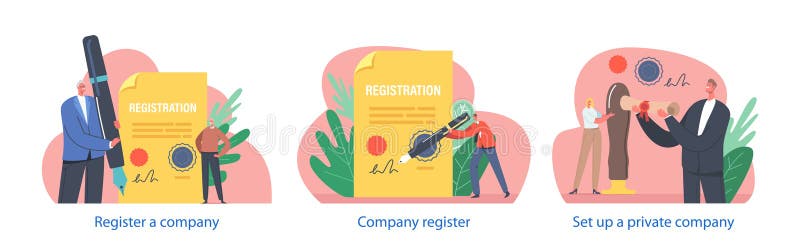 Isolated Elements With Characters Perform Company Register, Provide Company Name, Address, Director, Financial Records stock illustration