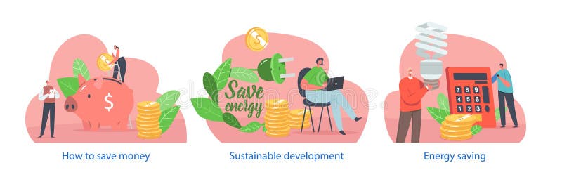 Isolated Elements With Characters Perform Energy Saving, Refers To Using Less Energy To Perform Tasks, Reducing Costs stock illustration