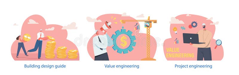 Isolated Elements with Characters Perform Value Engineering Concept. Systematic Approach Vector Illustration royalty free illustration