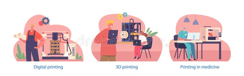 Isolated Elements With Characters Use 3d Printing Innovative Technology Creating Three-dimensional Objects Prototyping royalty free illustration