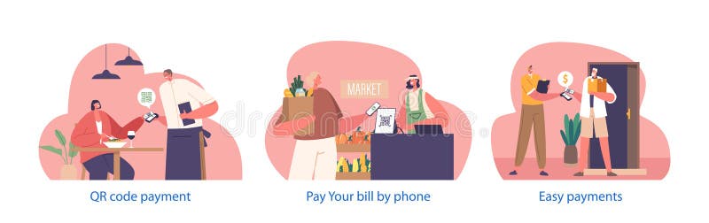 Isolated Elements with Characters Use Payment By Qr Code, Swift, Contactless Method. People Scan The Code vector illustration