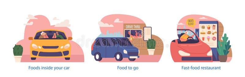 Isolated Elements With Customers Order And Collect Fast Food From Their Vehicles At The Drive-thru, Eating Meals Inside royalty free illustration