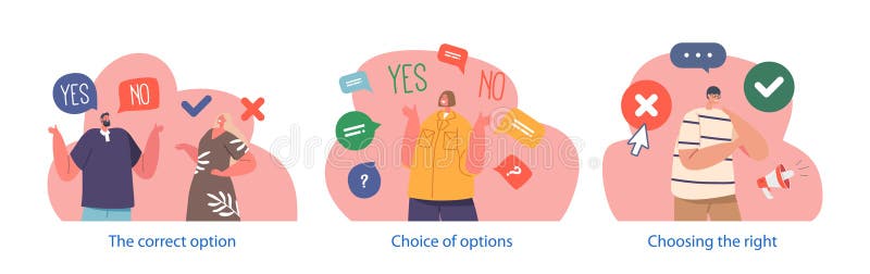 Isolated Elements With Decision-making Scenes. Characters Contemplating Options, Weighing Pros And Cons stock illustration