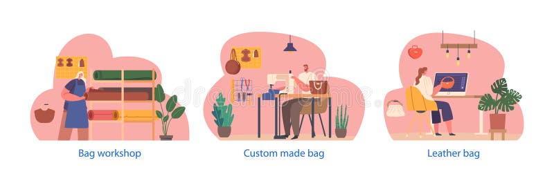 Isolated Elements, Designer Characters Produce Bags in Atelier. People Modeling on Computer and Sewing royalty free illustration