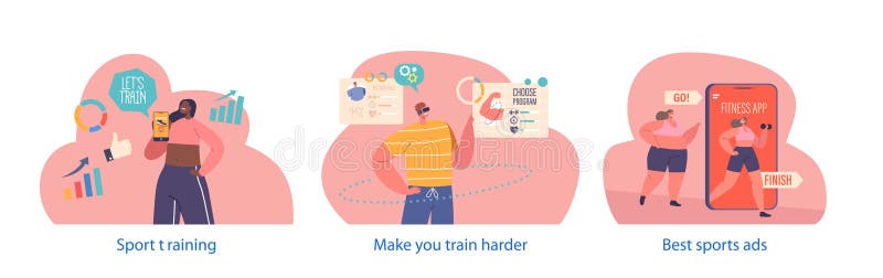 Isolated Elements with Sports Enthusiasts Use Smartphones To View Ads For Sports Training, Gaining Access stock illustration