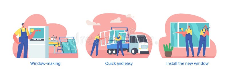 Isolated Elements With Worker Characters Making and Installing Double Glazing Windows at Homes, Vector Illustration royalty free illustration