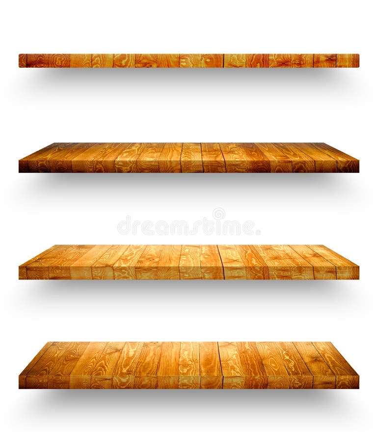 Isolated empty wooden shelf for exhibit stock photos