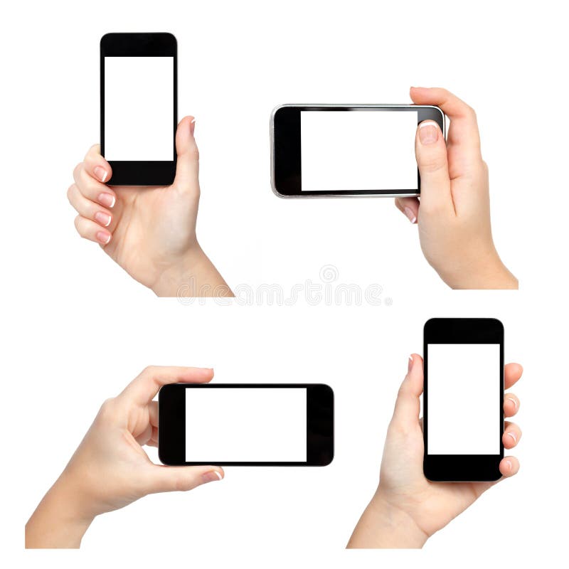 Isolated female hand holding the phone in different ways