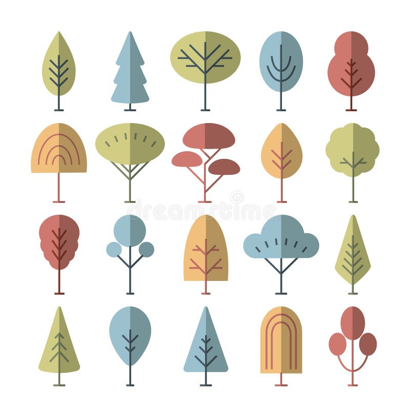 Isolated flat colorful trees set, forest, park and garden tree vector illustration