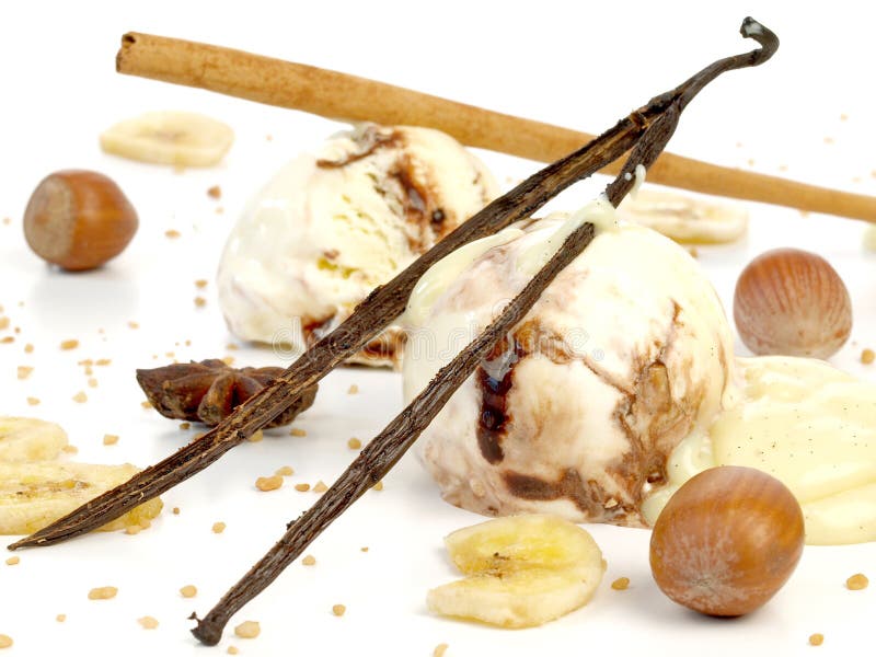 Vanilla Iceceam with Cinnamon and Nuts on White Background Isolated