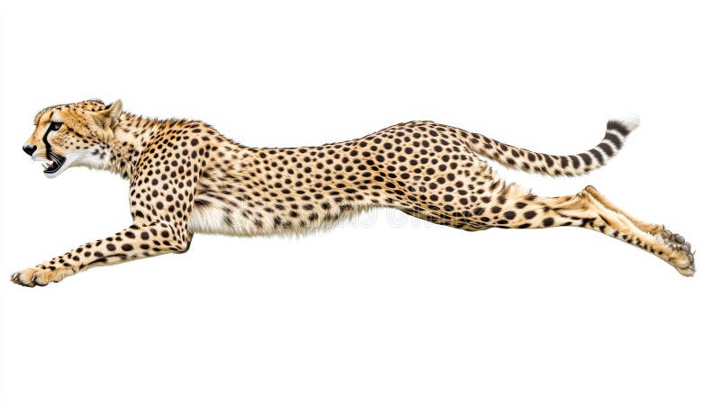 Isolated full body side view of a running cheetah, on a white or transparent background, PNG format clipart, design element. Easy to place on any other background. Isolated white transparent background ai stock images, royalty-free photos and pictures