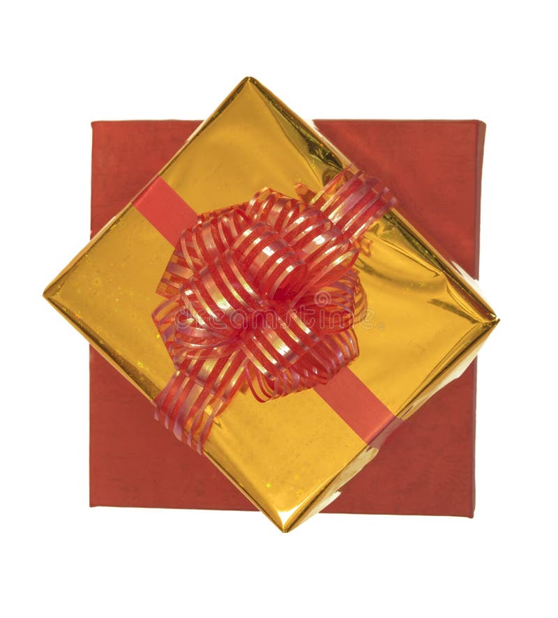 Wrapped in Gold Foil, Two Gift Boxes Tied with Red Ribbon and Stacked, Isolated on a White