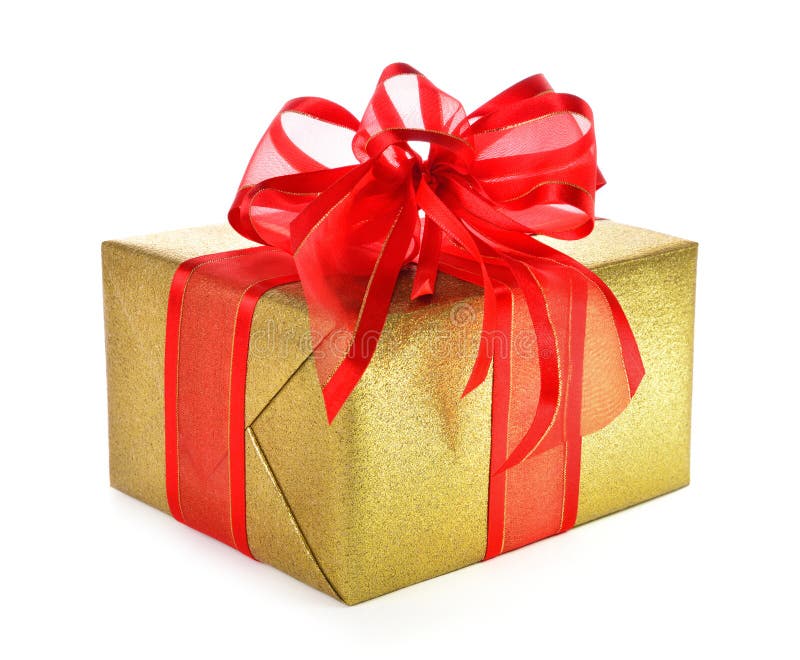 Isolated gold gift box with red bow