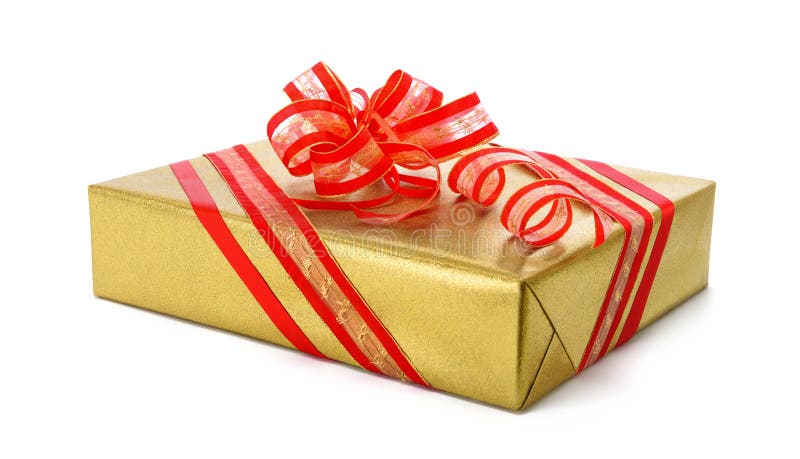 Isolated gold gift box with red bow