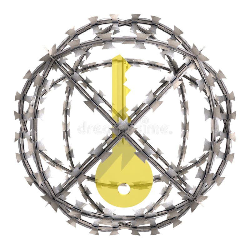 Isolated gold key in barbed wire sphere