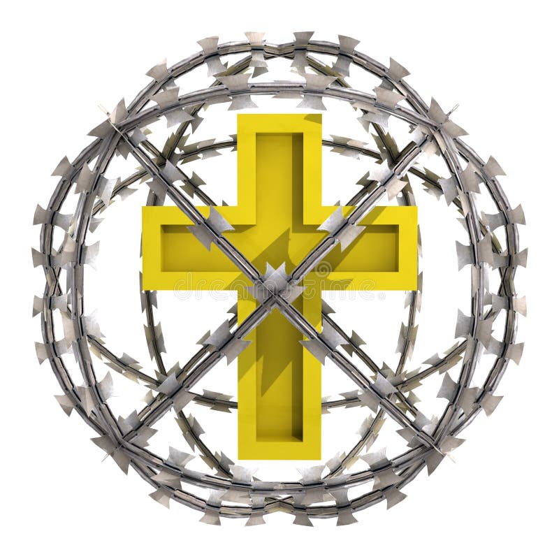 Isolated golden cross in barbed wire sphere