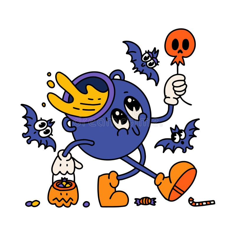 Isolated groovy retro cartoon Halloween cauldron mascot. 70s vintage walking withch s pot character holding skull