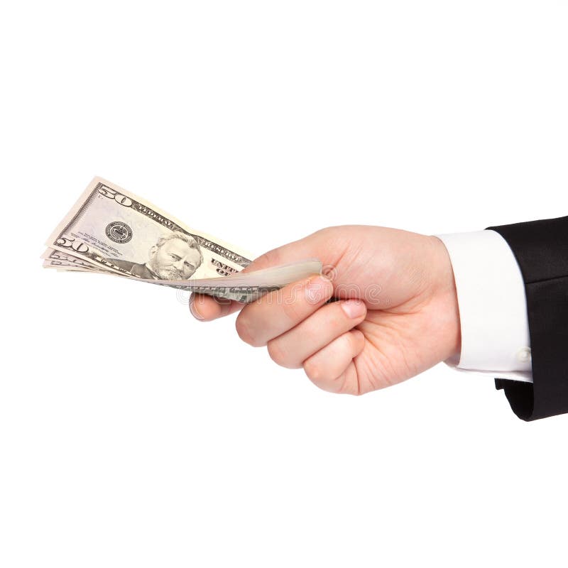Isolated hand of a businessman in a suit holding a money royalty free stock photos
