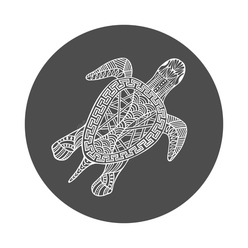 Isolated Hand Drawn White Outline Turtle on Black Round Background ...