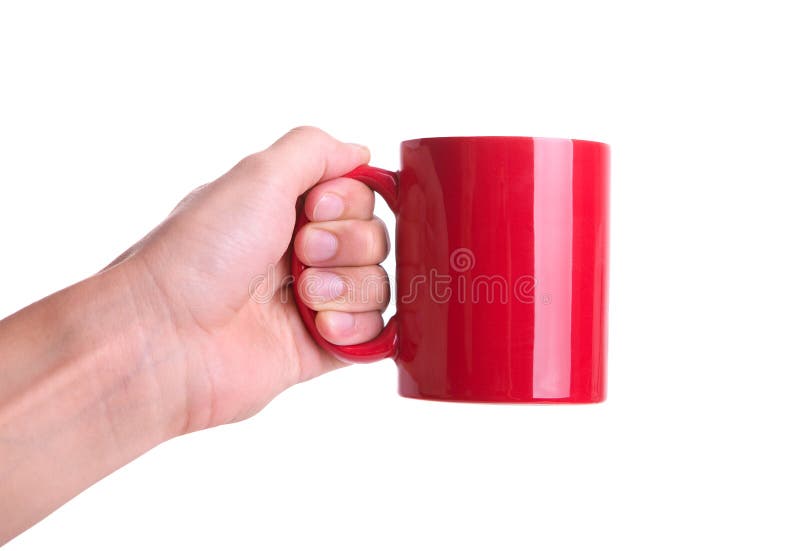 Isolated hand holding red mug