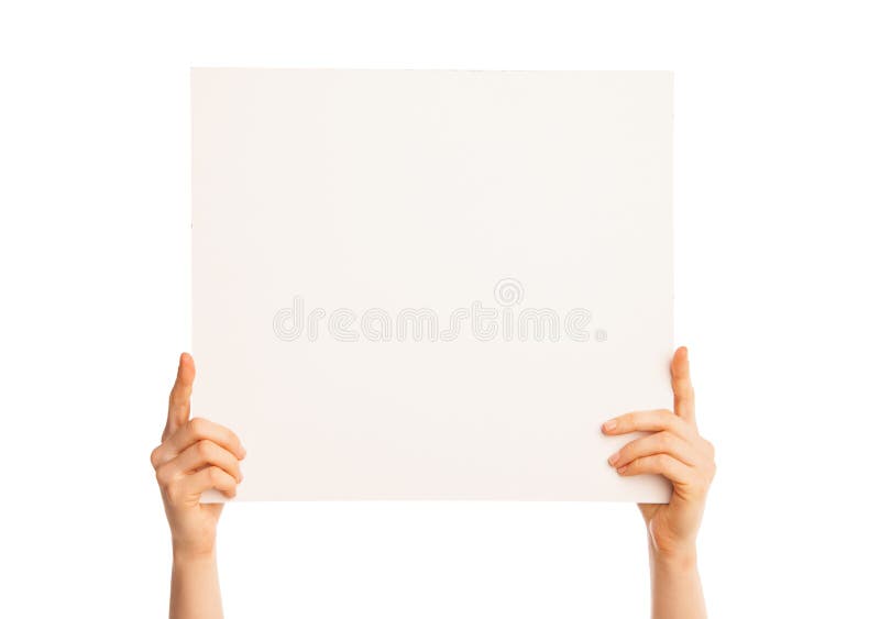 Isolated hands holding a big piece of paper stock photo