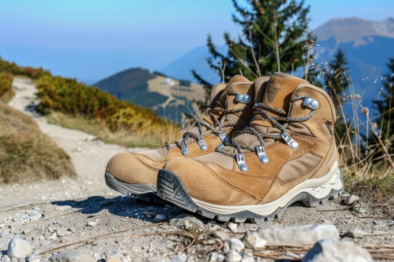 Isolated hiking boots on mountain trail surrounded by stunning panoramic scenery vector illustration