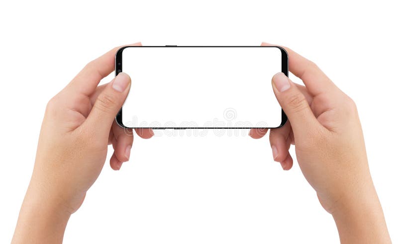 Isolated human two hands holding black mobile white display smartphone royalty free stock images