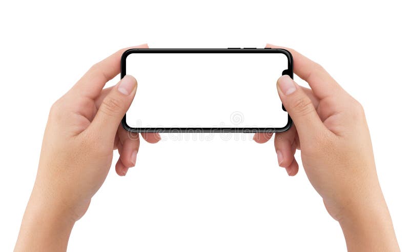 Isolated human two hands holding white mobile smartphone stock image