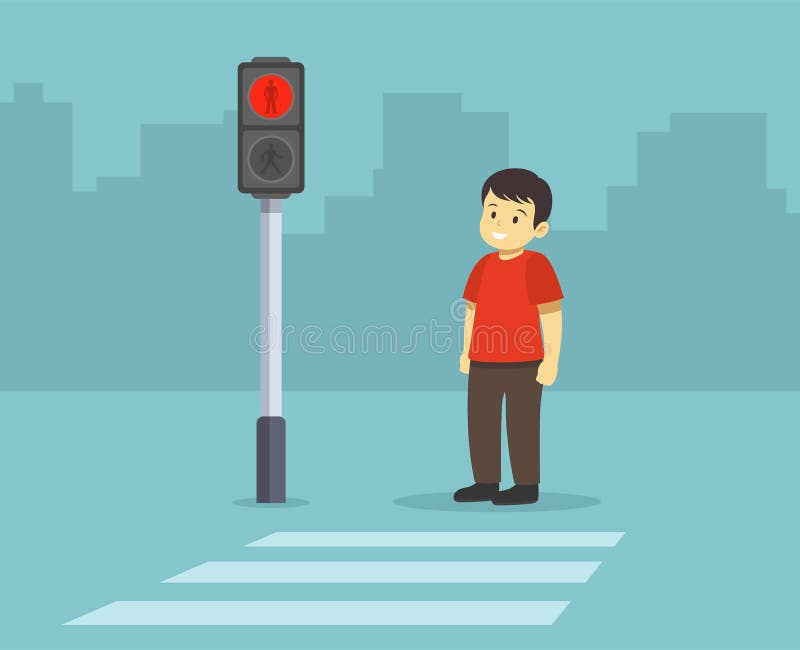 Isolated kid waiting green light of the traffic light at pedestrian crossing.