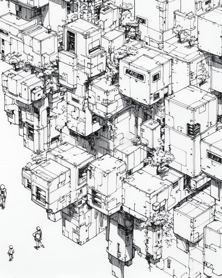 Isolated line art illustration with an abstract isometric background composed of cubes, hexagons, squares, rectangles stock photo