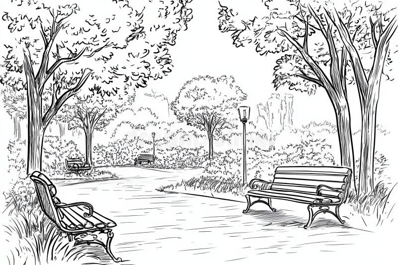 Isolated line art illustration of trees, benches, and paths in a park stock images