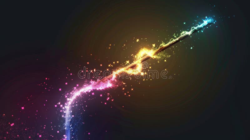 Isolated magic wand with wizard spell sparkle light on a black background. Fairy glitter trail effect with glowing stick royalty free stock photography