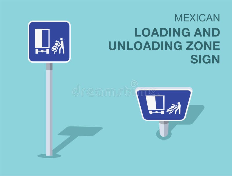 Isolated mexican \'loading and unloading zone\' road sign. Front and top view. stock illustration