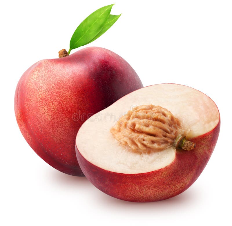 Isolated Nectarines. Whole Nectarine Fruit and Half with Leaves