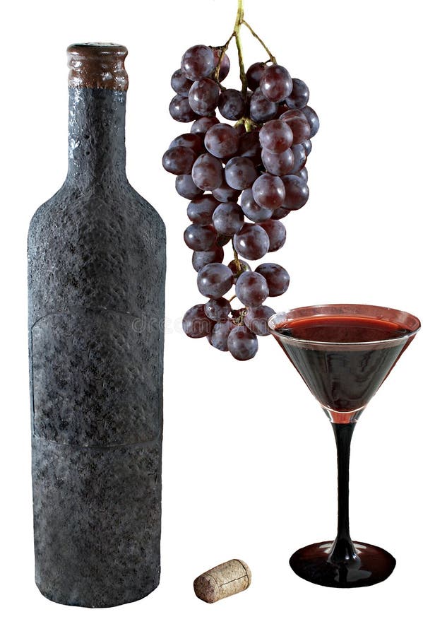 Isolated old bottle of wine with a full beaker of wine, bunch of grapes and cork