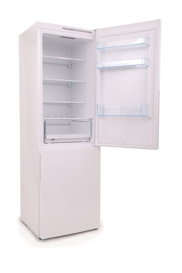 Isolated opened empty refrigerator Clipping path stock images Isolated opened empty refrigerator Clipping path stock images