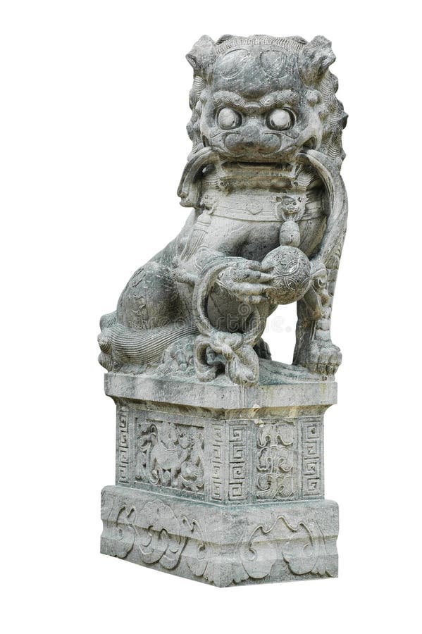 Isolated Oriental Lion Carving Statue stock images